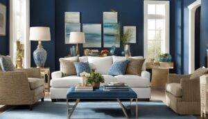 Interiors of a living room painted with fresh blue paint, bringing a modern, chic look
